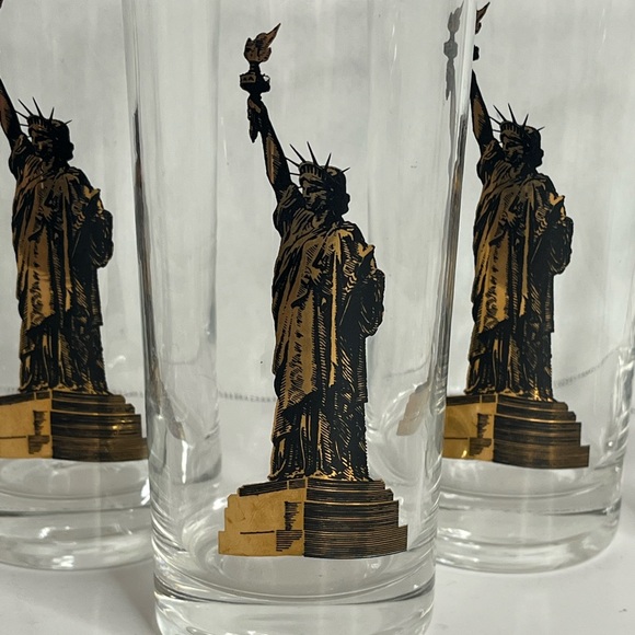 Set of 5 Vintage MCM Statue of Liberty Glass Gold Trim - Picture 3 of 6